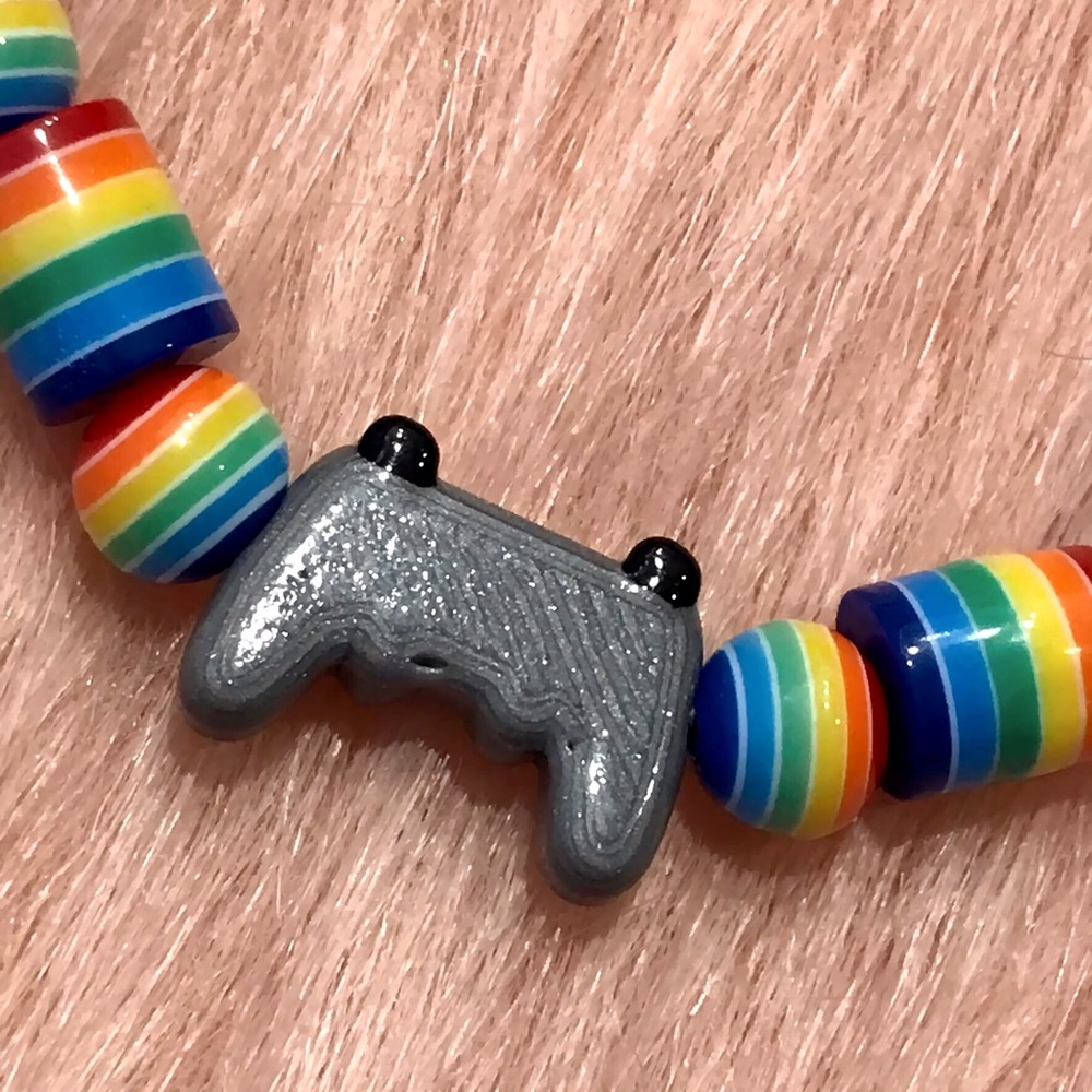 Handmade Grey Video Game Controller Colorful Rainbow Pride Beaded Bracelet - Picture 4 of 6